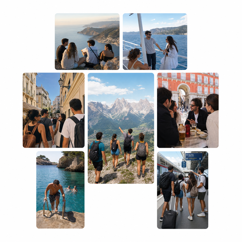 Mosaico de momentos de viaje en grupo: amigos caminando por una ciudad europea, charlando en un café, mirando por la ventanilla de un tren y brindando al atardecer