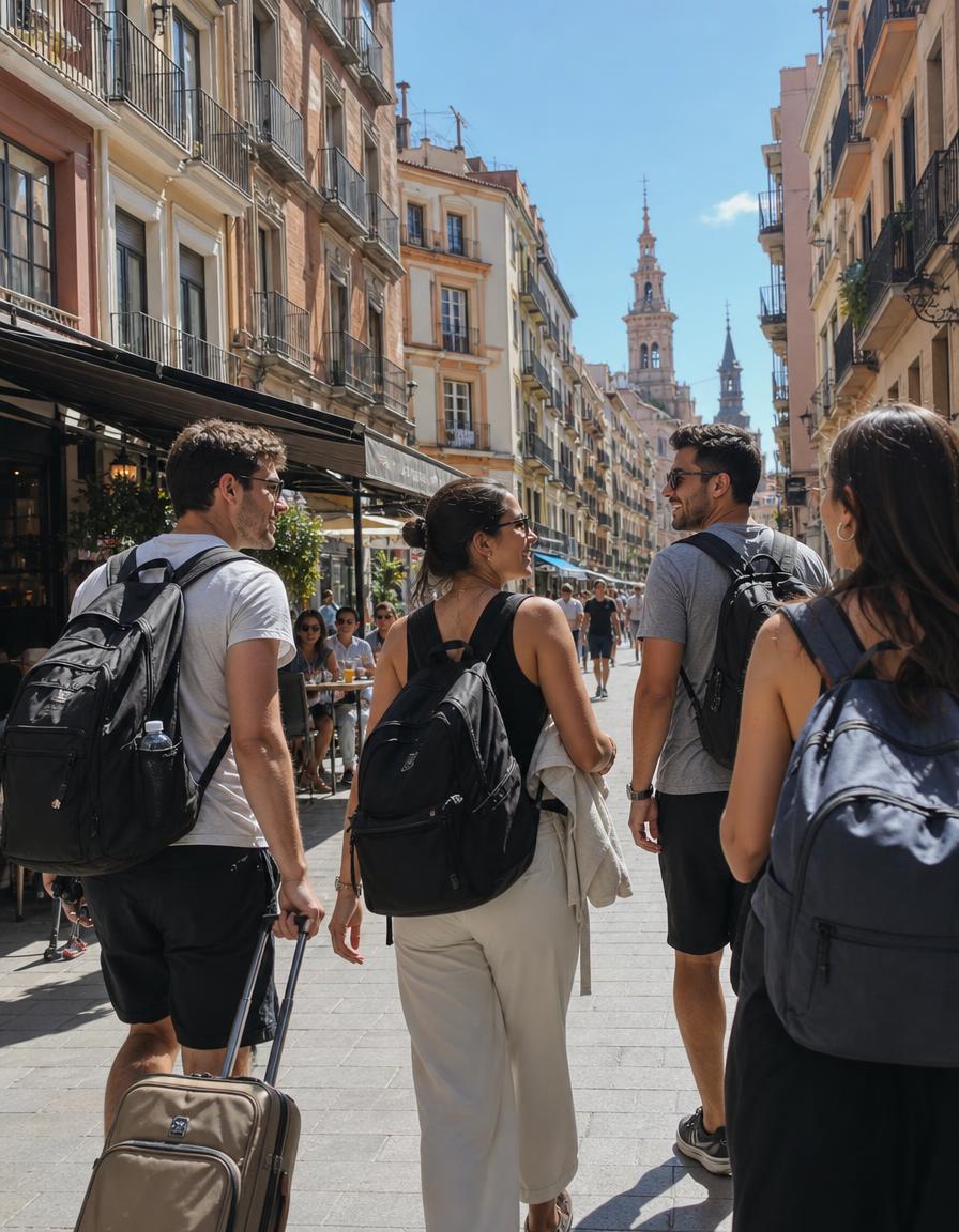 Un grupo de viajeros camina con sus mochilas por una calle del casco antiguo de una ciudad europea.