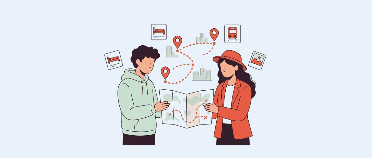 Dos viajeros consultan un mapa con la ruta, marcadores y fichas de alojamiento, tren y fotos